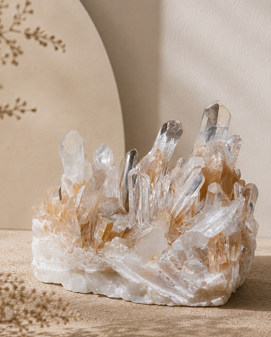 Close-up of museum-grade Colombian Lemurian quartz cluster showing water-clear clarity and raw geological striations, golden healer inclusions for organic minimalist interior styling by STILLMANTLE