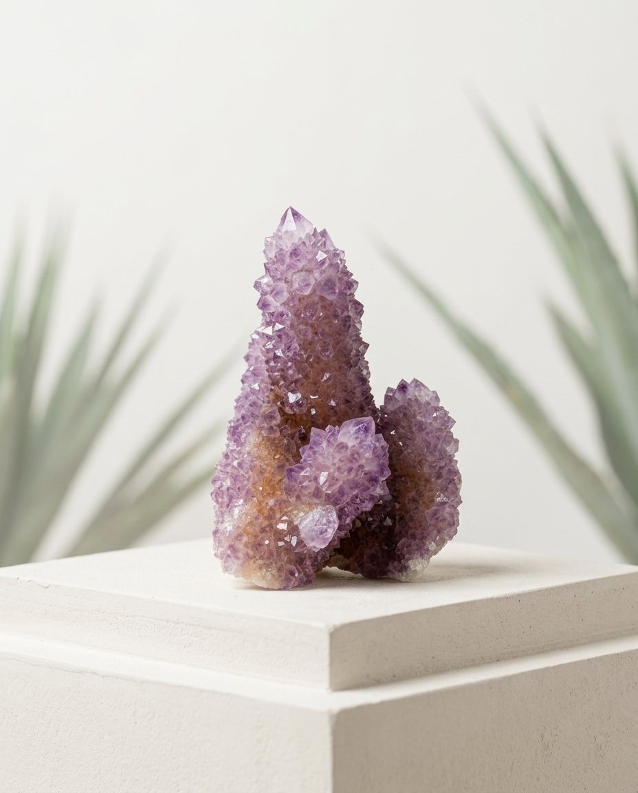 Raw lilac spirit quartz mineral resting on a clean stone plinth against soft agave shadows, soothing zen meditation altar centerpiece by STILLMANTLE