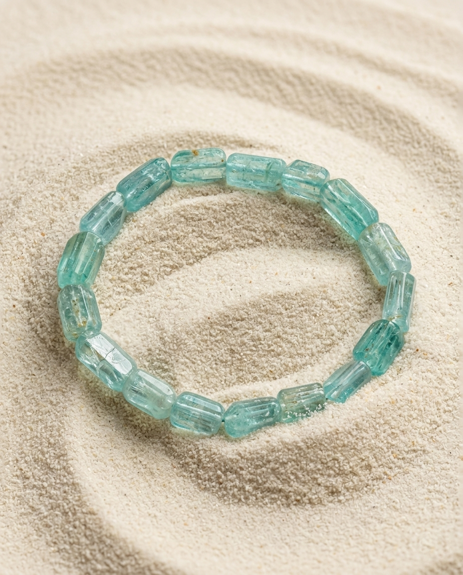 Top view of raw aquamarine barrel bead bracelet on minimalist zen sand ripples, organic earth art and grounding wearable crystal by STILLMANTLE