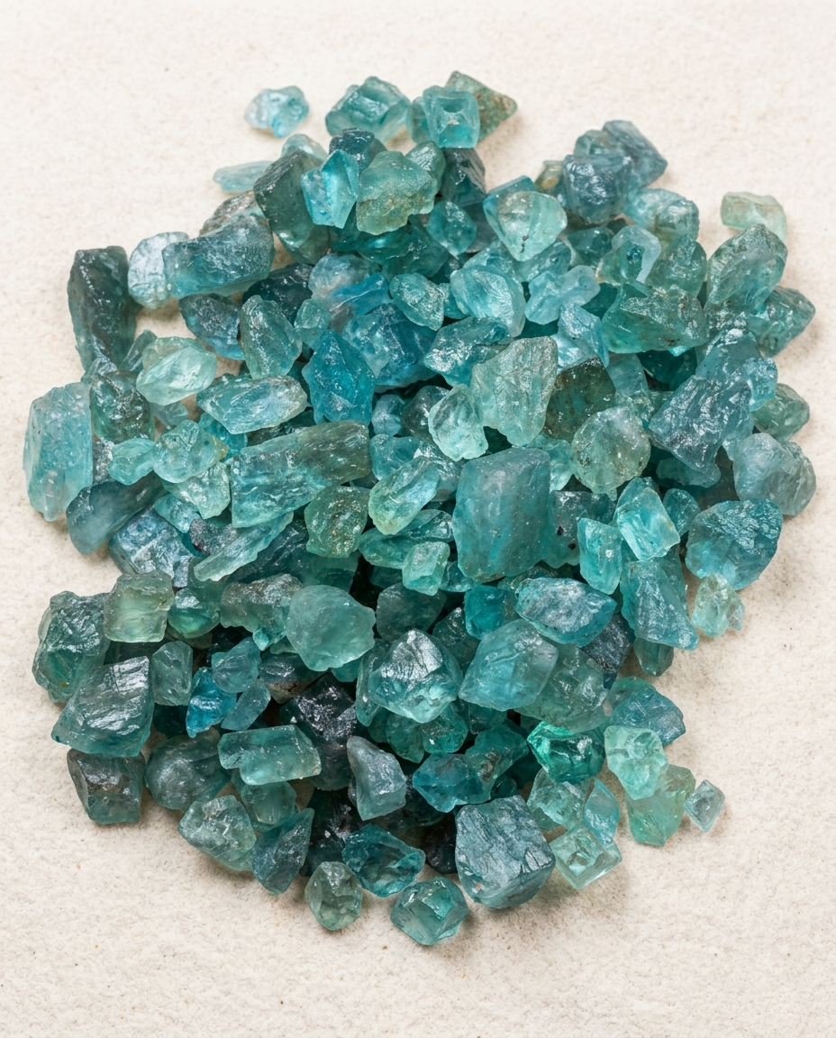Heap of raw teal blue apatite crystal fragments on a light textured background, earthy wabi-sabi meditation stones and healing room decor by STILLMANTLE