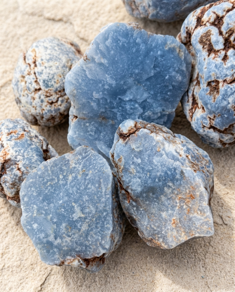 Close-up of unpolished blue chalcedony stones showing rugged textures and dusty-blue silica cores on light textured sand, grounding earth art by STILLMANTLE