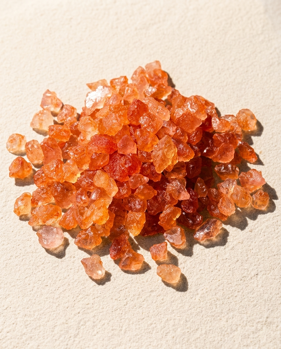 Macro view of raw orange sunstone unpolished chips with subtle geological glitter on light sand, minimalist quiet luxury grounding mineral parcel by STILLMANTLE