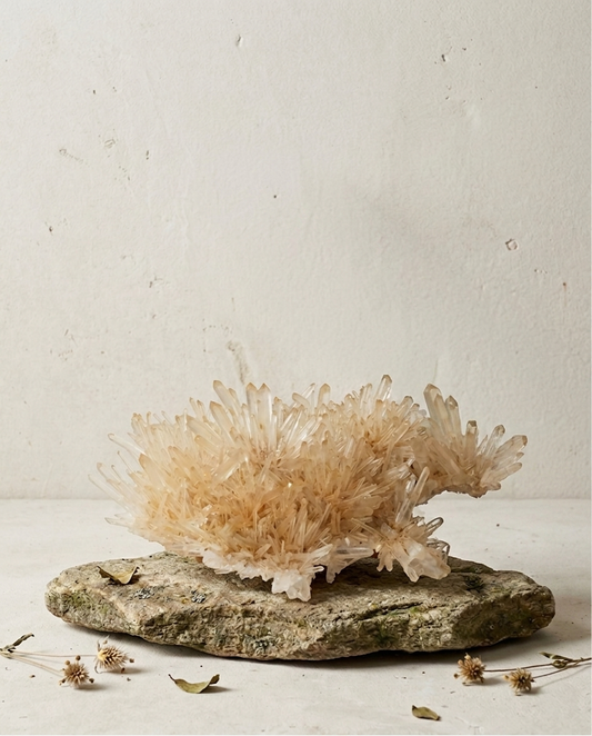 Raw unpolished golden healer island quartz cluster displayed on a natural mossy stone slab with scattered dried seed pods, brutalist geological mineral specimen by STILLMANTLE