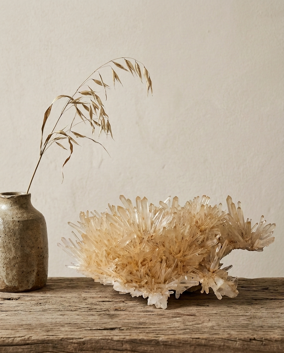 Statement golden healer quartz cluster with horizontal island habit on rustic wood, styled with drooping dried oat stalks in a wabi-sabi ceramic vase, quiet luxury natural sculpture by STILLMANTLE