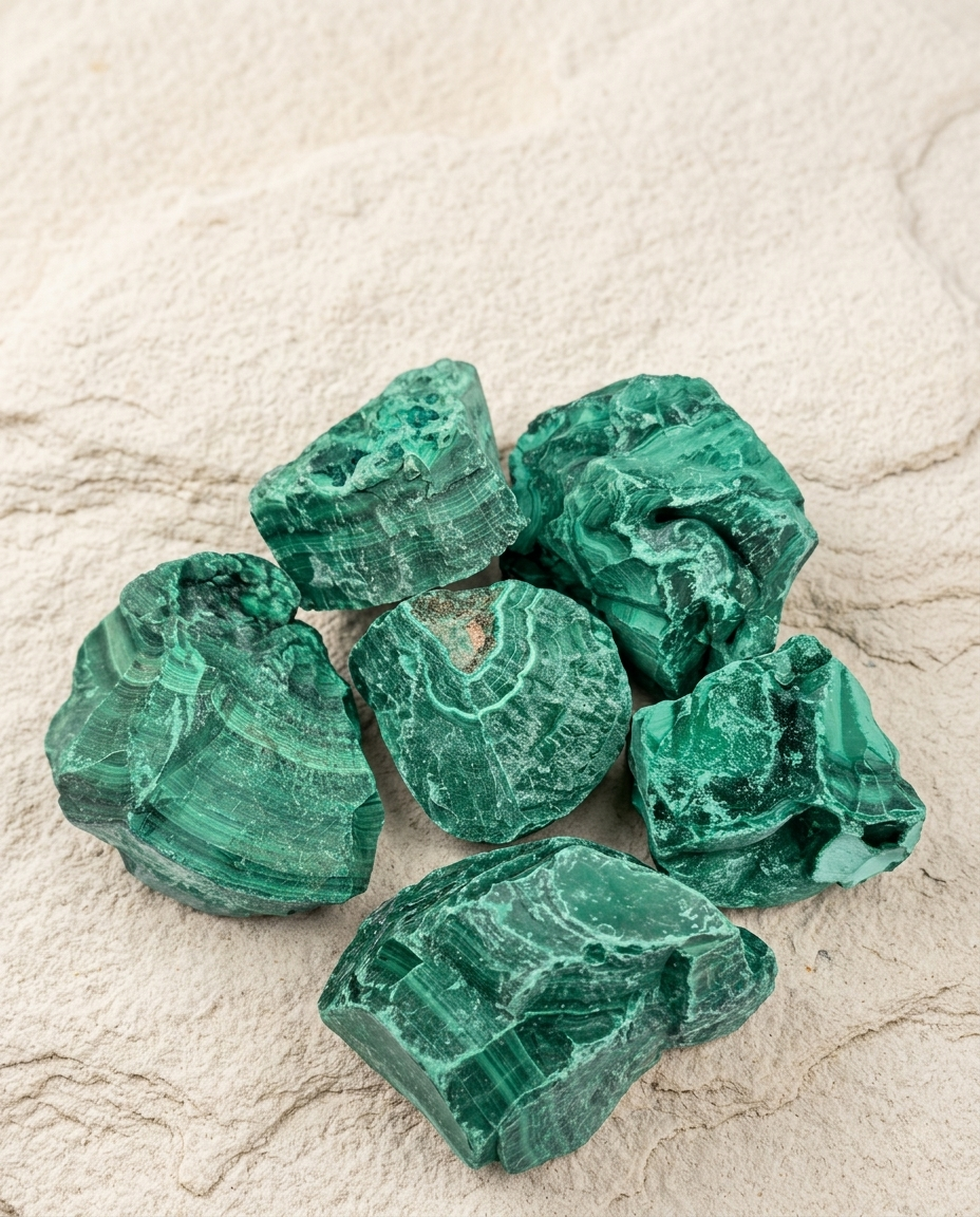 A cluster of raw, unhewn Malachite mineral specimens resting on a textured light stone surface. The unpolished geological fragments display saturated forest green hues, chaotic fracture planes, and natural fibrous textures characteristic of brutalist earth formations