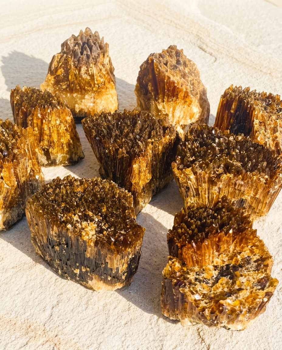 A scattered collection of raw Amber Calcite chunks showing dark brown and golden layers with rugged, unpolished parallel striations catching the light.