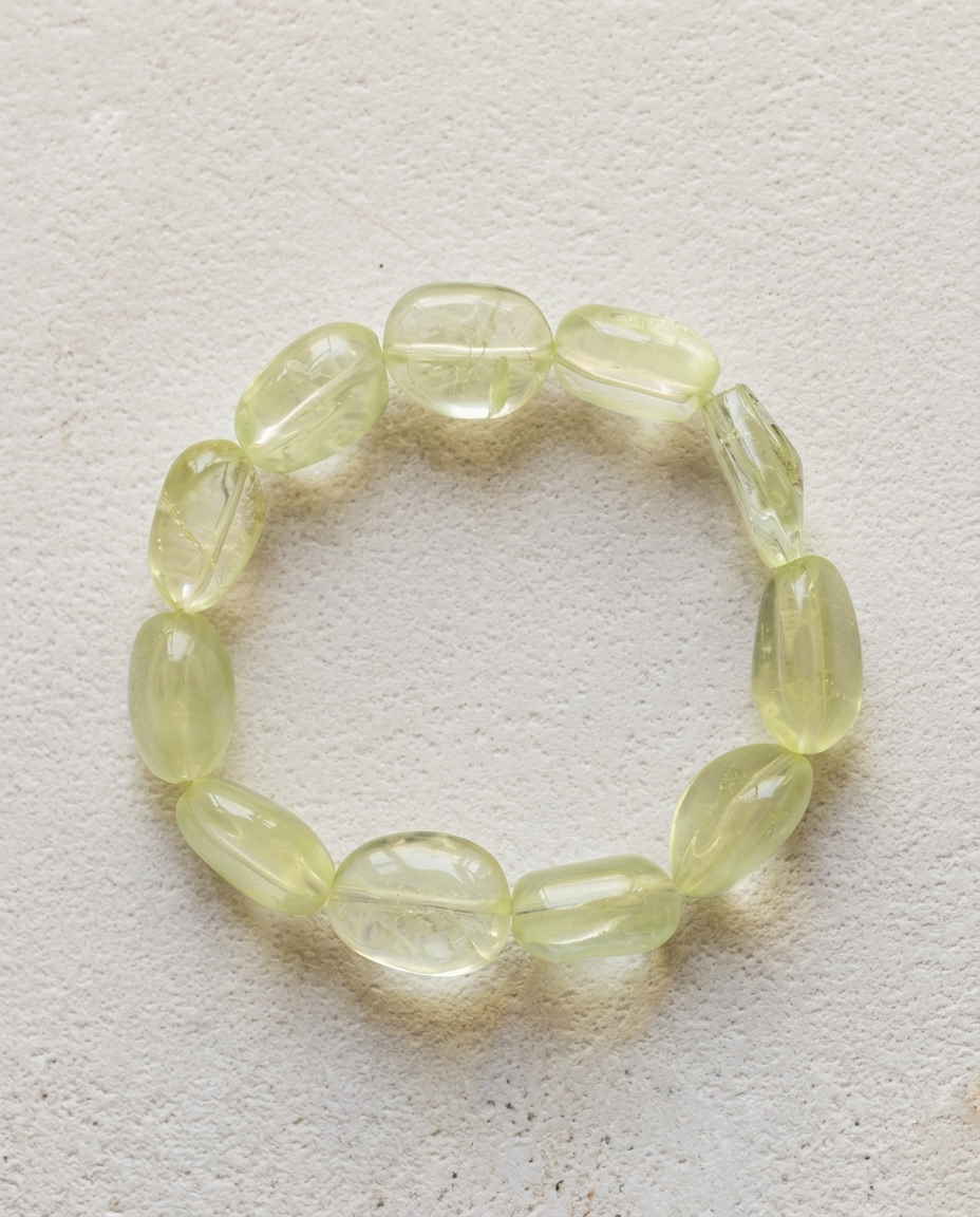 Macro close-up of a natural heliodor bracelet showing high transparency pale yellow contoured crystals, unheated luxury mineral jewelry.