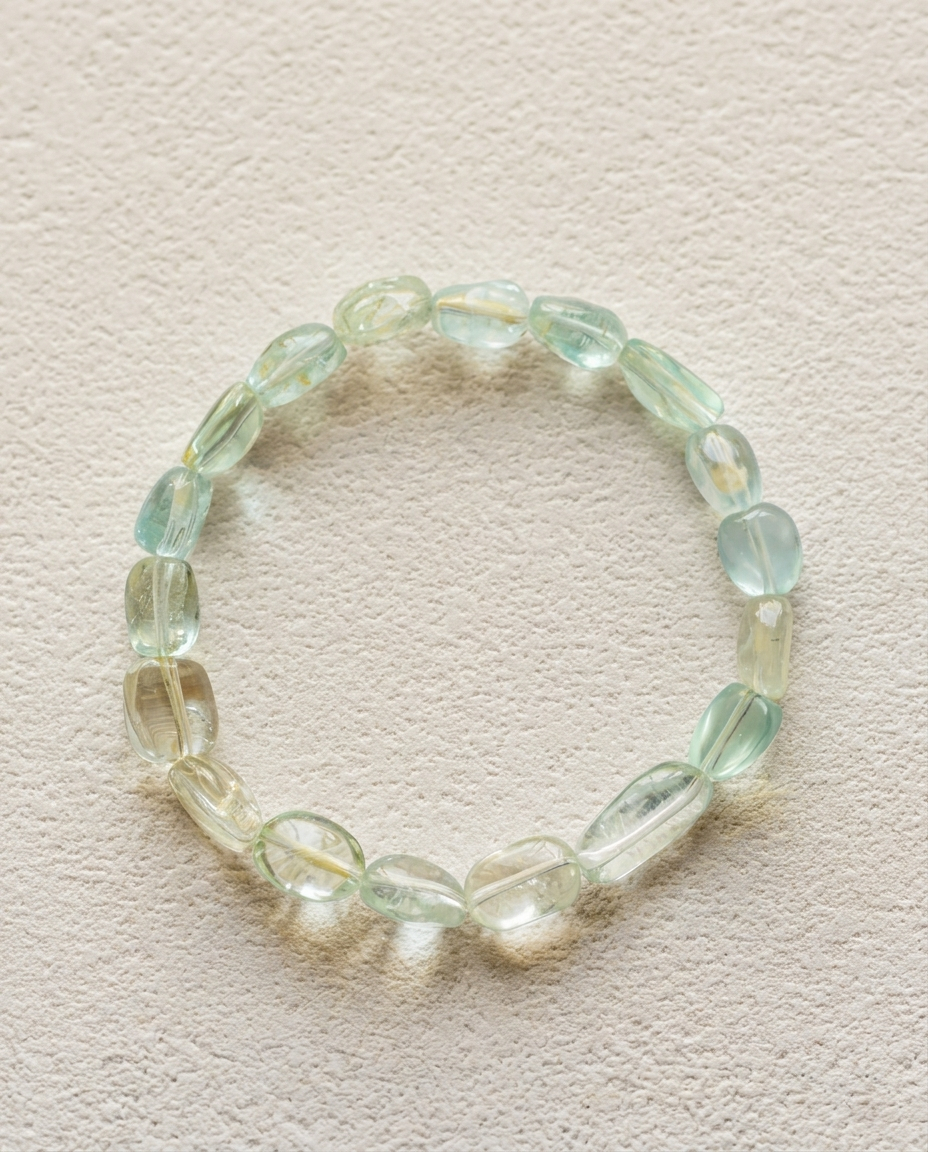 Close up of high clarity undyed beryl gemstone bracelet, showing asymmetrical raw tumbled aquamarine and green beryl crystals with natural internal inclusions, luxury minimalist mineral jewelry.