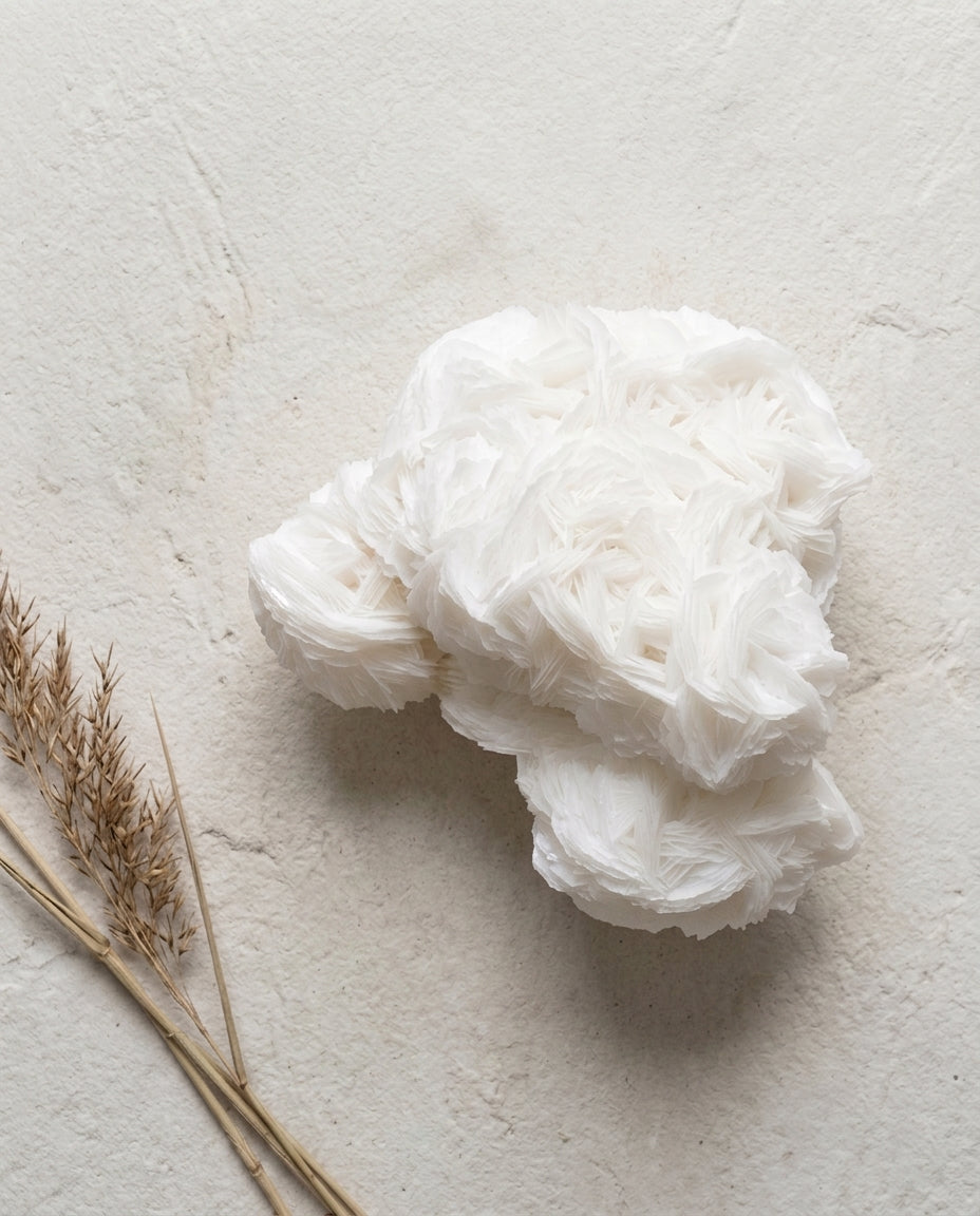 Minimalist flatlay of a pure white Angel Wing Calcite rosette alongside dried reed grass on a beige micro-cement background.