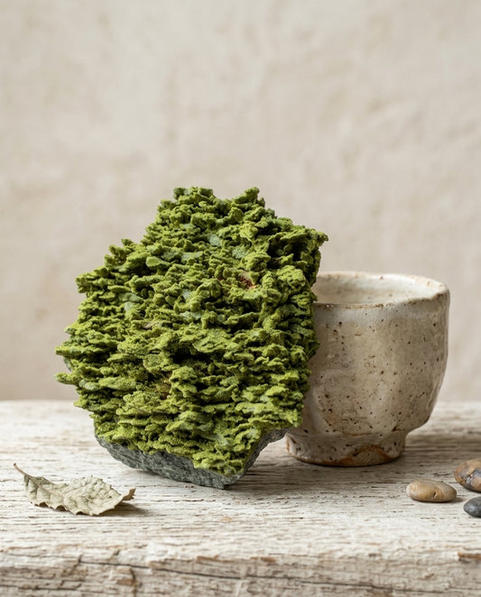 Pistachio-green Turkish epidote boxwork cast styled with a wabi-sabi ceramic cup and organic elements on weathered wood. Luxury raw mineral interior styling.