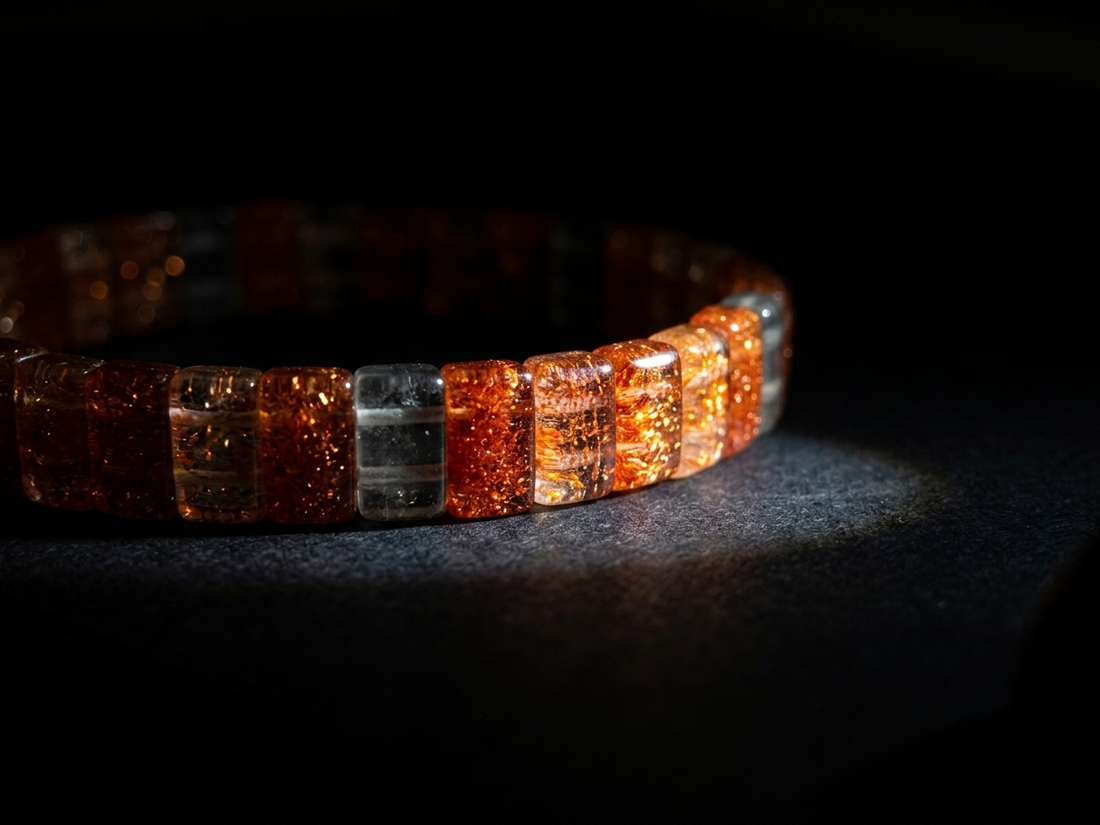 Dramatic macro shot of a natural Tanzanian sunstone rectangular bracelet emerging from shadows, showcasing vivid copper schiller and geological glitter. Decoding aventurescence and earth art by STILLMANTLE