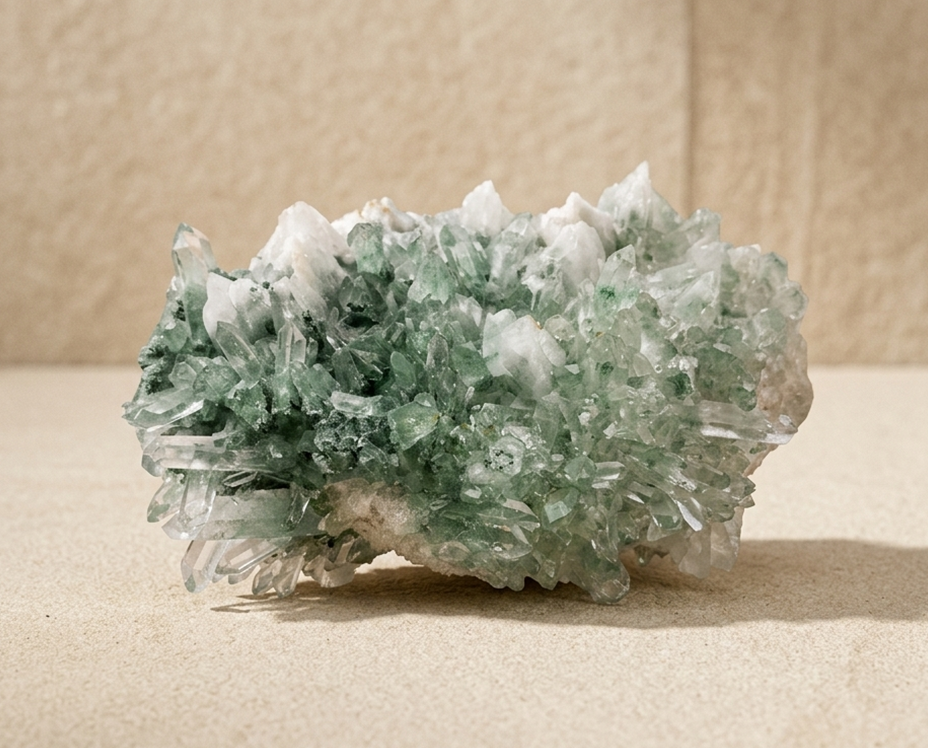 Natural Emerald Phantom Quartz irregular bracelet, organic green inclusions, geological formation, raw mineral aesthetic.