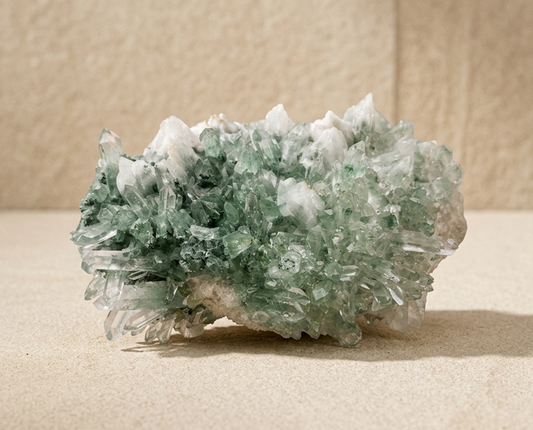 Natural Emerald Phantom Quartz irregular bracelet, organic green inclusions, geological formation, raw mineral aesthetic.
