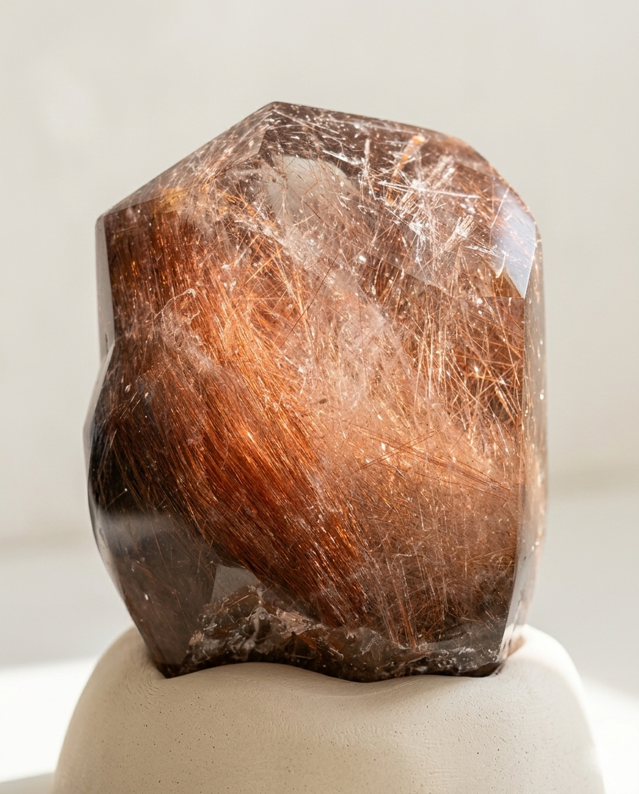 Macro view of a premium raw copper rutile quartz crystal block featuring dense fiery metallic needles, serving as the master origin stone for our handcrafted luxury bangle collection.⁠