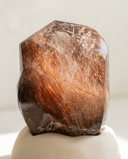 Macro view of a premium raw copper rutile quartz crystal block featuring dense fiery metallic needles, serving as the master origin stone for our handcrafted luxury bangle collection.⁠