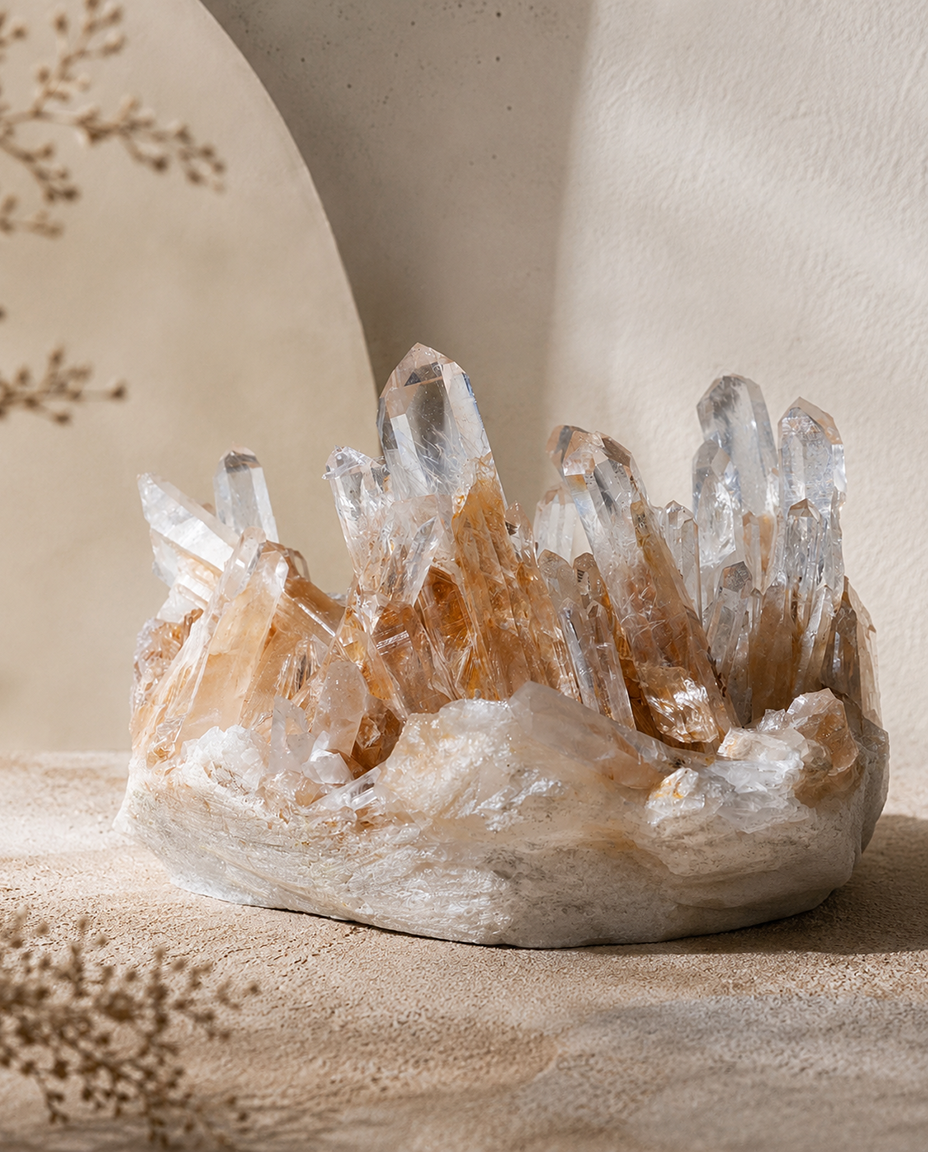 Premium Colombian Lemurian seed quartz crystal cluster with golden inclusions, styled with dried botanicals in warm natural light, wabi-sabi home decor and quiet luxury healing space by STILLMANTLE