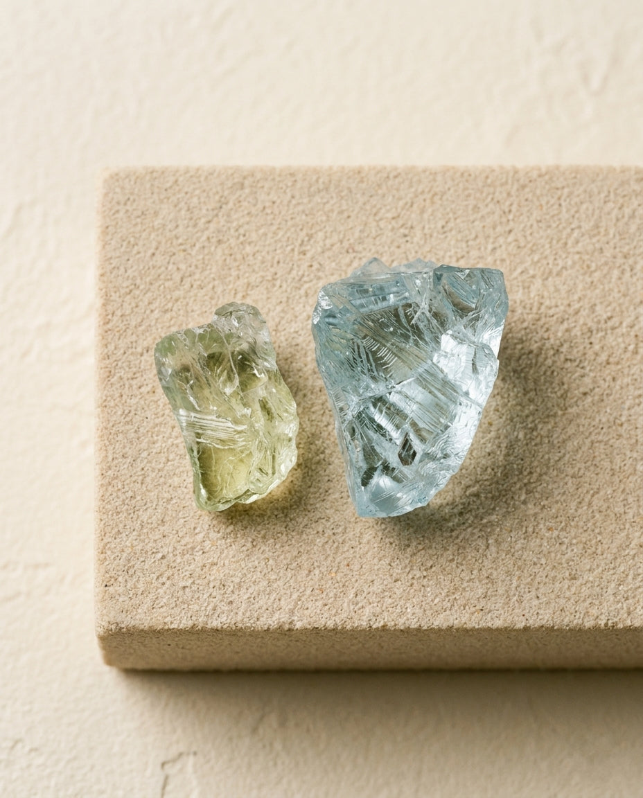 Raw Aquamarine and Heliodor specimen on stone base