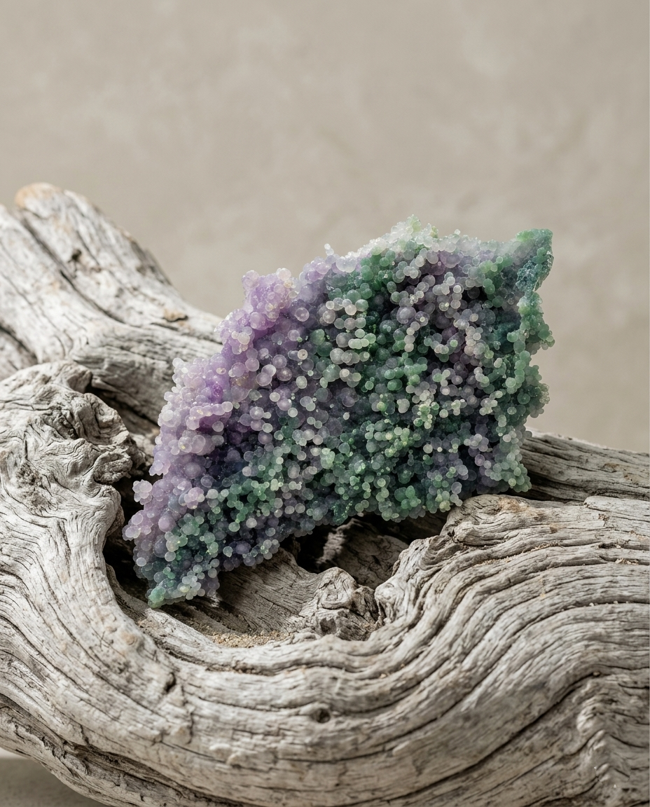 Raw bi-color purple and green grape agate botryoidal crystal resting on weathered driftwood, organic minimalism and  organic modern home aesthetics by STILLMANTLE