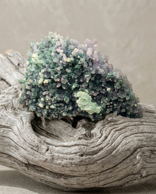 ⁠Close-up texture of natural raw grape agate specimen nestled in aged wood, mindful living space decor and quiet luxury earth art by STILLMANTLE