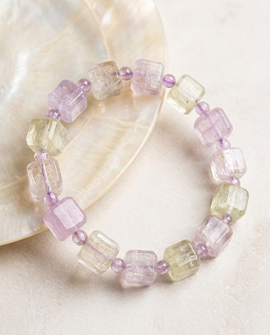 Geometric bi-color spodumene cube bead bracelet featuring pastel purple and yellow crystals on a pearl dish, mindful organic minimalist jewelry by STILLMANTLE