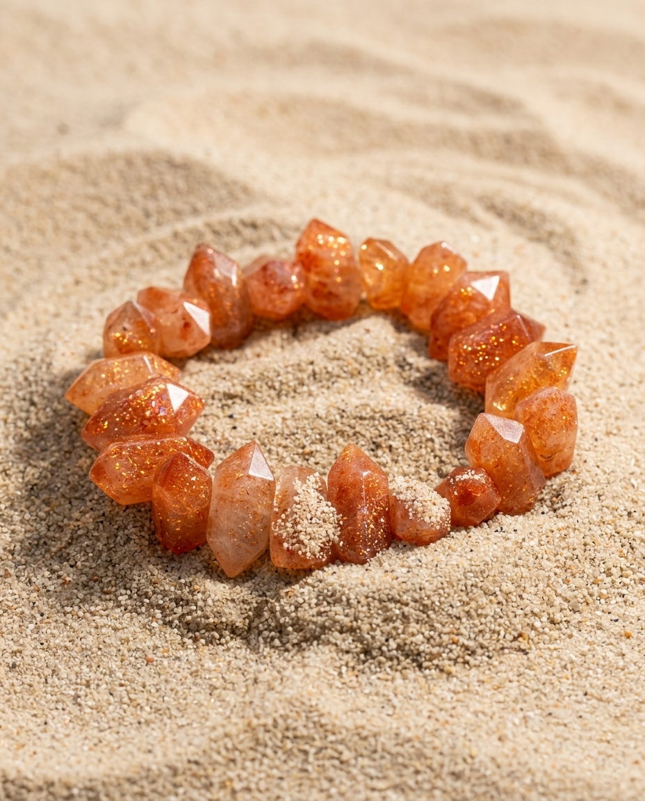⁠Macro detail of zero-metal chunky sunstone point bracelet displaying vivid aventurescence on zen sand, high-end healing mineral jewelry by STILLMANTLE⁠