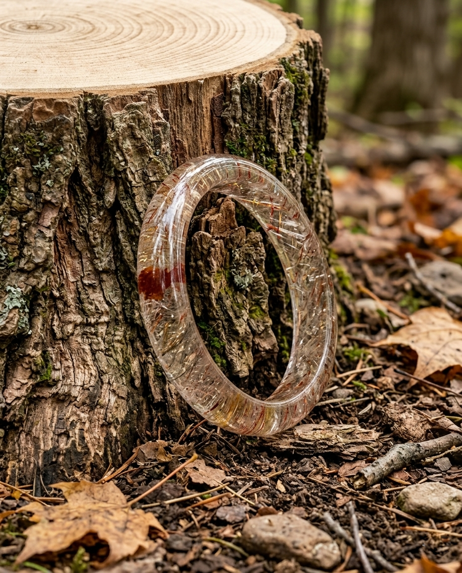 Natural Super Seven crystal bangle resting on a rugged tree stump with fallen autumn leaves, mindfulness nature jewelry and forest earth aesthetic by STILLMANTLE