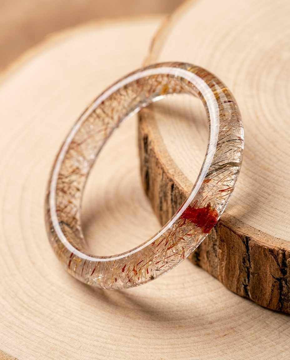 Transparent quartz bangle with dark golden rutile and goethite inclusions leaning against raw wood bark, earthy grounding energy stone accessory by STILLMANTLE⁠