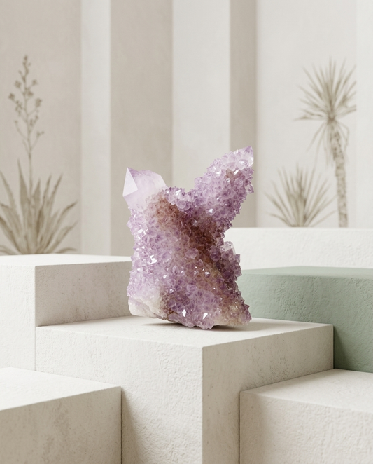 Natural amethyst cactus quartz specimen displayed on geometric stepped plaster blocks, organic modern gallery aesthetic and mindful space styling by STILLMANTLE⁠