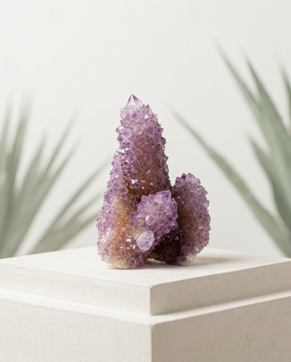 Raw lilac spirit quartz mineral resting on a clean stone plinth against soft agave shadows, soothing zen meditation altar centerpiece by STILLMANTLE⁠