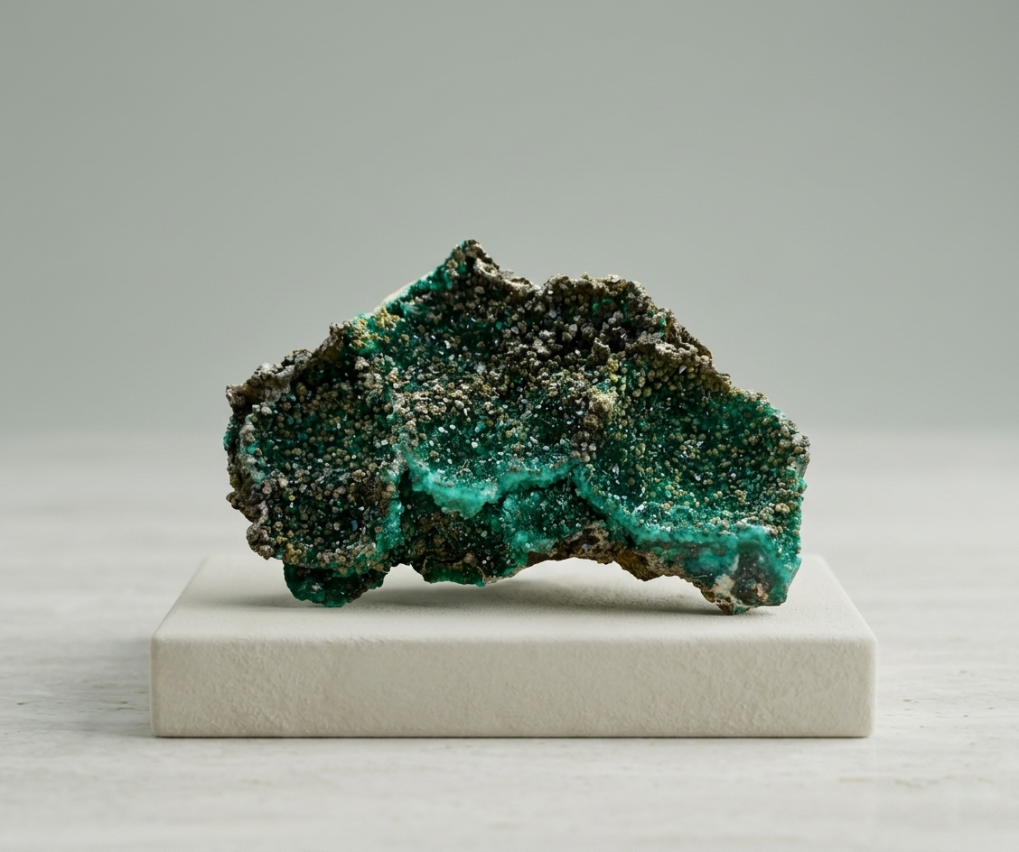 Natural dioptase crystal crust displayed on a minimalist white pedestal, vivid green geological specimen for organic modern gallery aesthetic by STILLMANTLE⁠