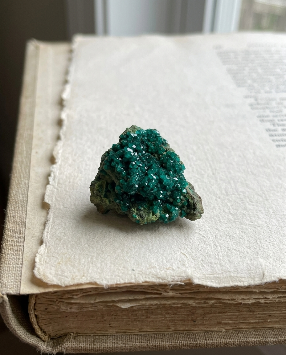⁠Vivid green dioptase crystal specimen placed on an open vintage book page, sophisticated desk styling and natural earth element decor by STILLMANTLE