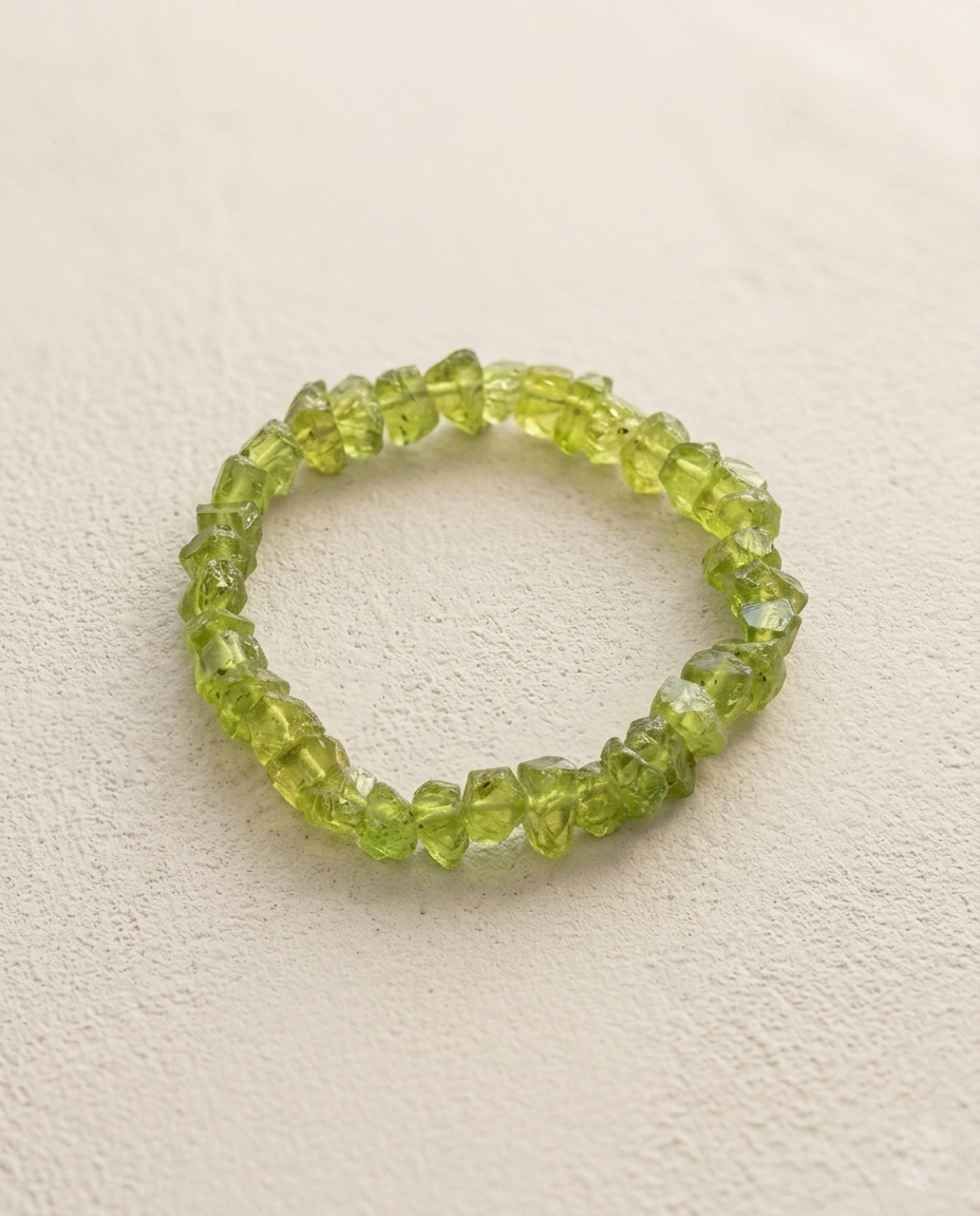Unpolished raw green peridot stone bracelet resting on a textured white surface, zero-metal wabi-sabi healing accessory by STILLMANTLE