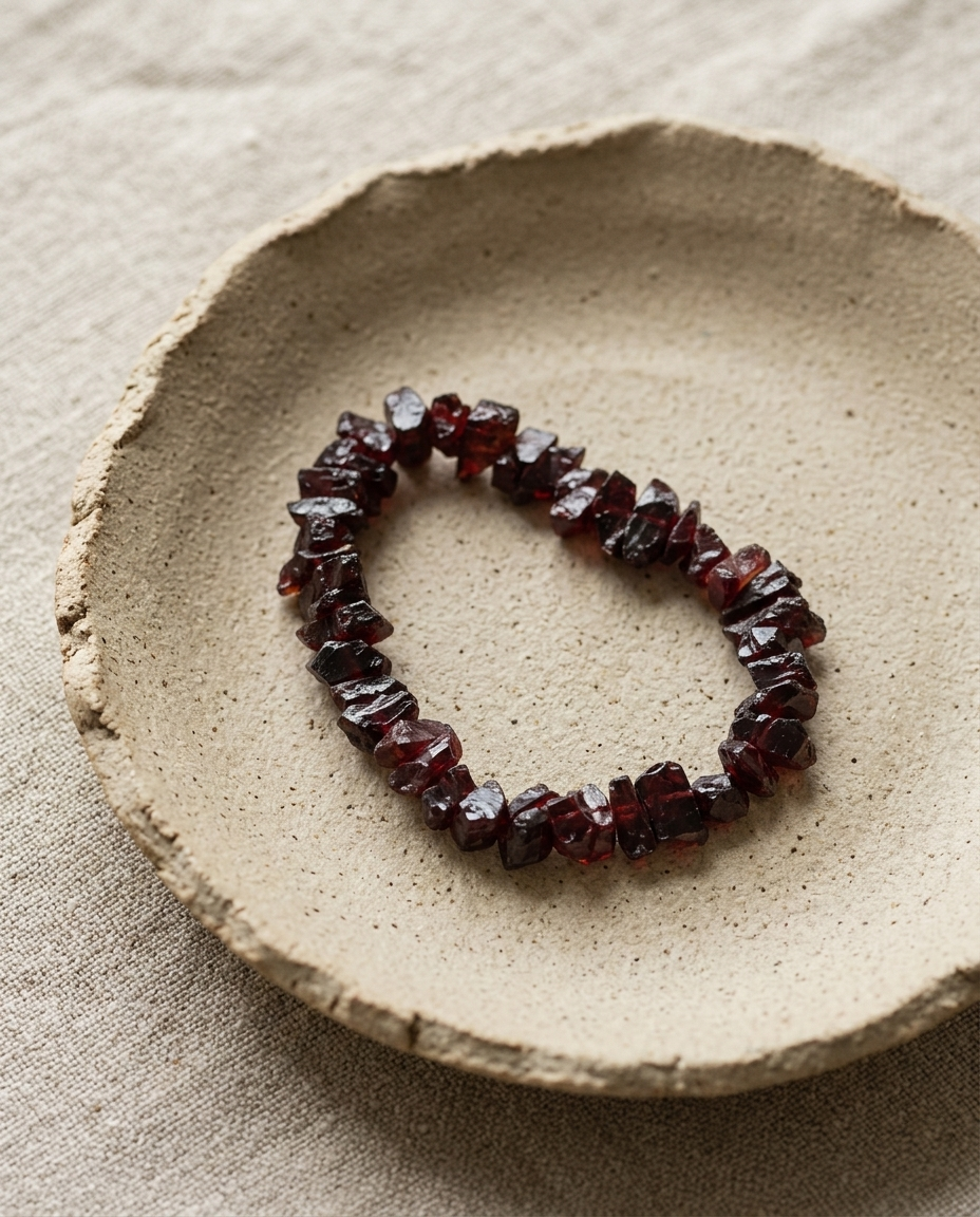 Deep red natural garnet raw stone bracelet displayed on a wabi-sabi clay dish and linen, quiet luxury mindful accessory by STILLMANTLE