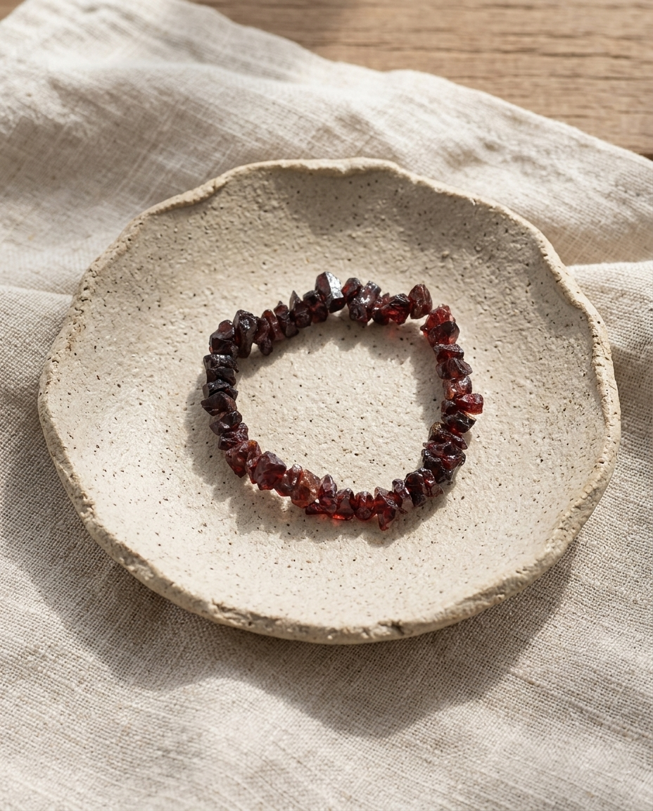 Top view of raw dark red garnet stone bracelet in a minimalist textured bowl, zero-metal healing earth jewelry by STILLMANTLE