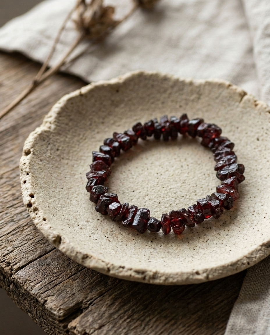 ⁠Raw burgundy garnet crystal bracelet on a rustic ceramic plate over aged wood, zero-metal grounding energy stone jewelry by STILLMANTLE⁠