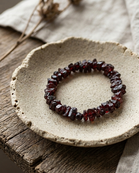 ⁠Raw burgundy garnet crystal bracelet on a rustic ceramic plate over aged wood, zero-metal grounding energy stone jewelry by STILLMANTLE⁠