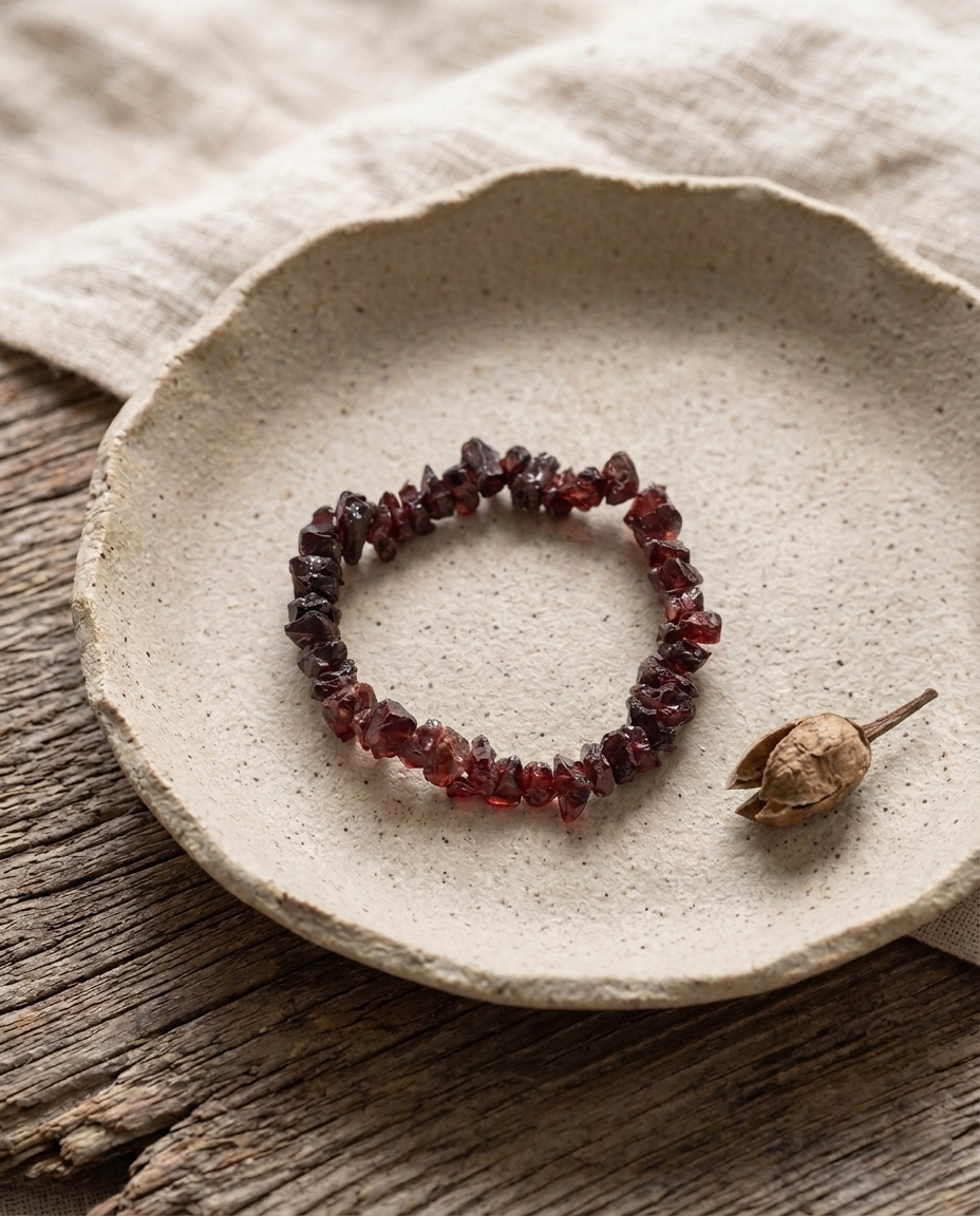 Zero-metal unpolished garnet crystal bead bracelet with a dried botanical pod on rough ceramic, earthy organic aesthetic by STILLMANTLE⁠
