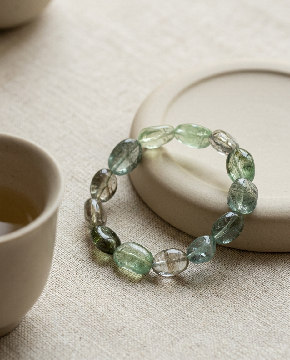 Zero-metal natural green beryl and aquamarine tumbled stone bracelet resting on a wabi-sabi ceramic saucer beside a tea cup, mindful jewelry by STILLMANTLE