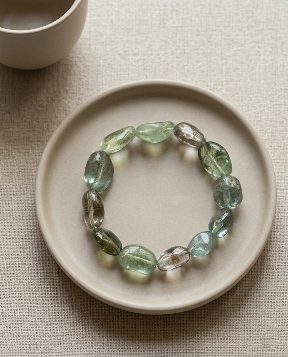 Top view of zero-metal raw beryl tumbled bead bracelet on a minimalist ceramic plate, quiet luxury healing crystal accessory by STILLMANTLE