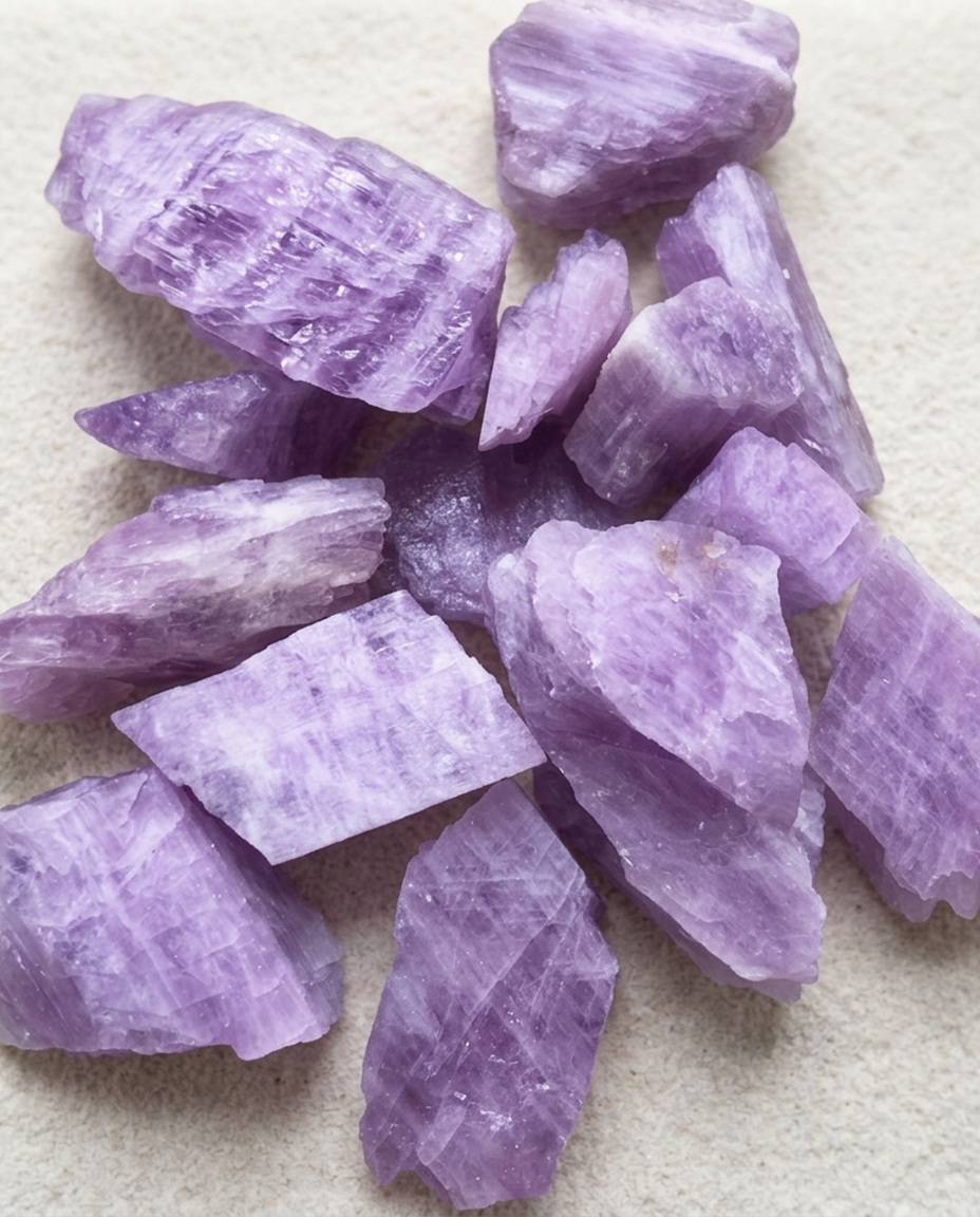 Raw lilac kunzite crystal fragments showing sharp geological cleavage planes on light textured stone, minimalist healing mineral specimen by STILLMANTLE