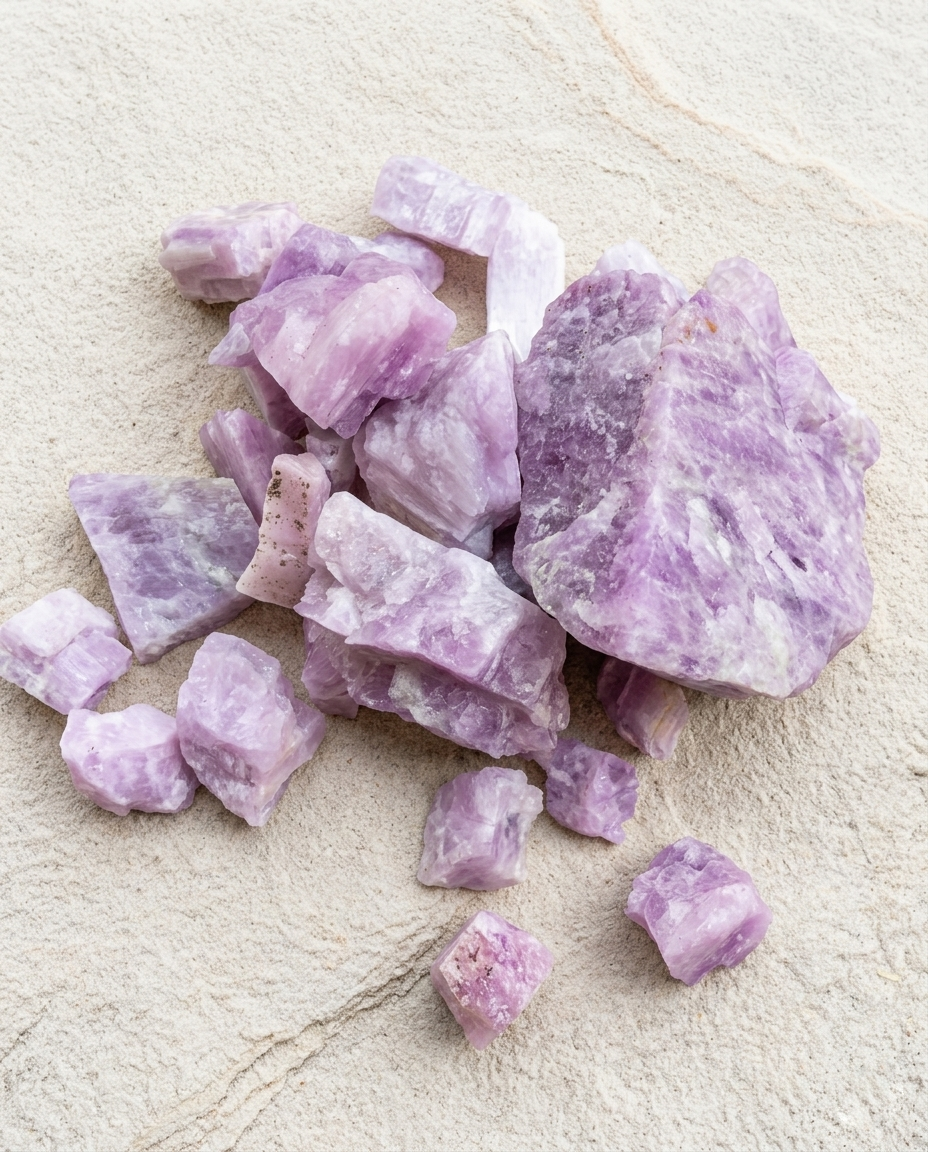 ⁠Unpolished raw kunzite spodumene chunks scattered on a rustic stone slab, soothing purple crystals for wabi-sabi home styling by STILLMANTLE⁠