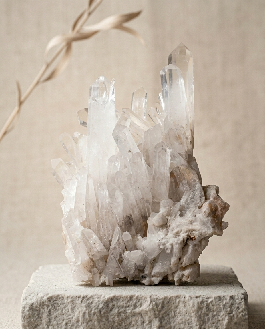 ⁠Natural unpolished clear quartz cluster displaying raw geological points, styled on a textured stone block for quiet luxury home aesthetics by STILLMANTLE⁠