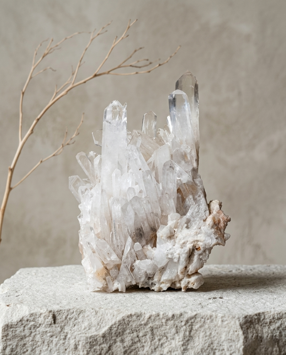 Raw clear quartz crystal cluster with natural matrix resting on a rough stone pedestal next to a dry branch, minimalist zen meditation room decor by STILLMANTLE⁠