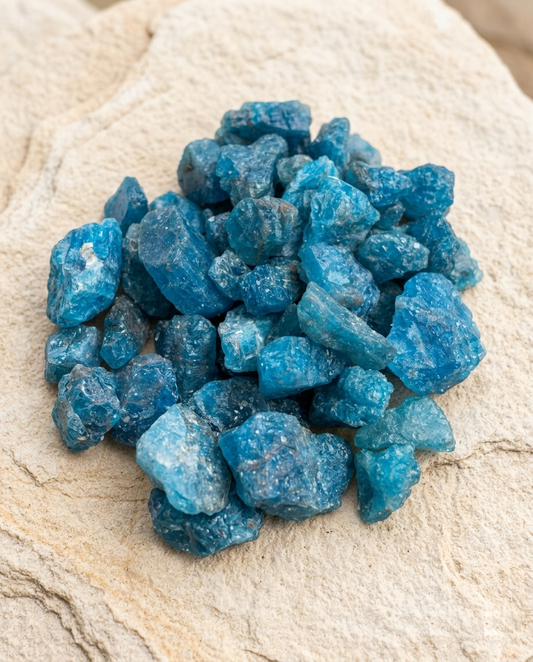 Unpolished raw blue apatite stones gathered on a rustic stone slab, organic modern interior styling and natural oceanic mineral specimen by STILLMANTLE