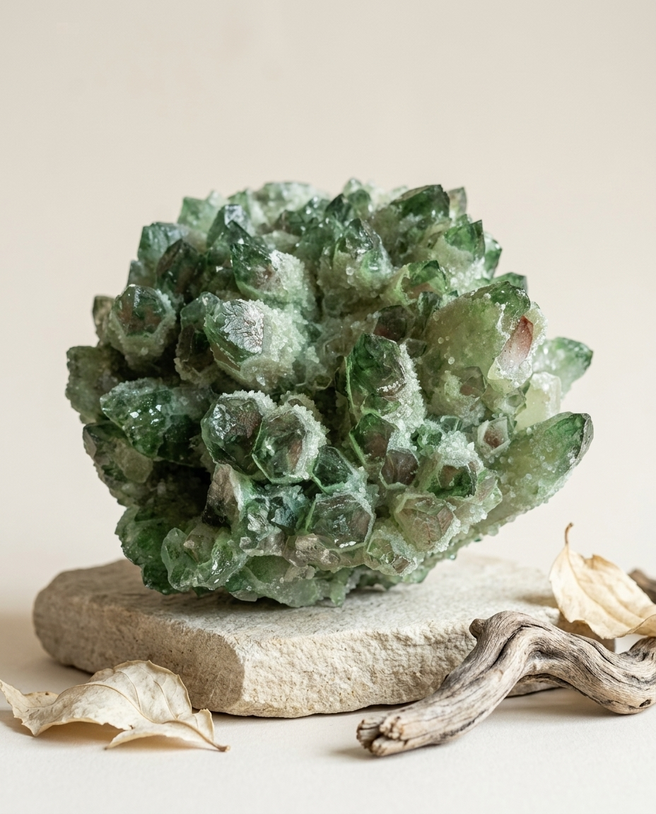 ⁠Raw green crystal cluster styled with weathered driftwood and dried leaves on a rustic stone slab, organic modern home decor and mindful living space centerpiece by STILLMANTLE
