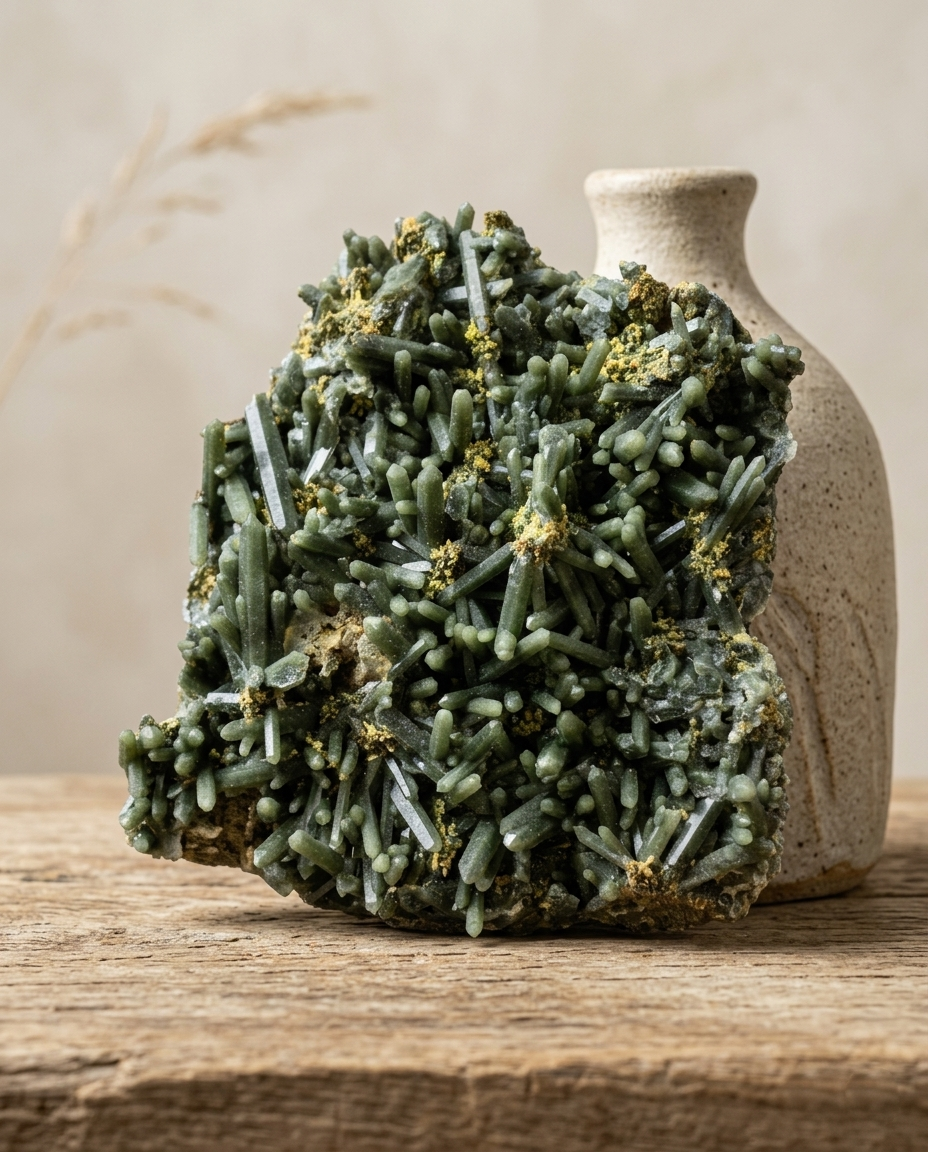 ⁠Raw dark green prismatic crystal matrix with earthy symbiotic inclusions styled next to a rustic ceramic vase on aged wood, wabi-sabi aesthetic home decor by STILLMANTLE⁠