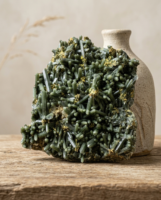 ⁠Raw dark green prismatic crystal matrix with earthy symbiotic inclusions styled next to a rustic ceramic vase on aged wood, wabi-sabi aesthetic home decor by STILLMANTLE⁠