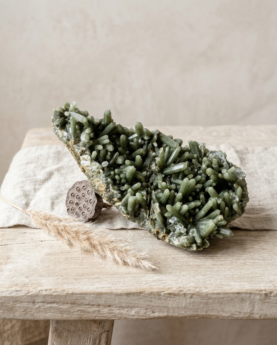 ⁠Soothing forest green hedenbergite quartz cluster lying on aged linen with a dried lotus pod, calming zen meditation space centerpiece and natural healing decor by STILLMANTLE⁠