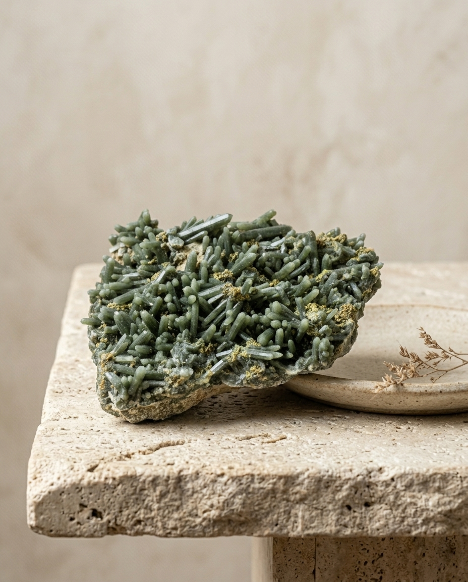 Raw green mineral cluster with natural yellow dusting resting on a textured stone slab with dried botanicals, organic modern interior styling and earth tone crystal decor by STILLMANTLE⁠