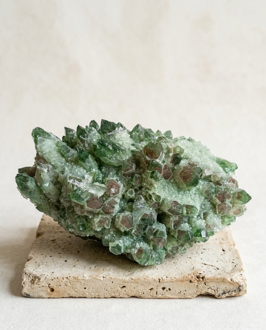 Raw green chlorite phantom quartz cluster with druzy frost on a stepped stone pedestal, museum-grade statement crystal decor, wabi-sabi interior styling by STILLMANTLE⁠